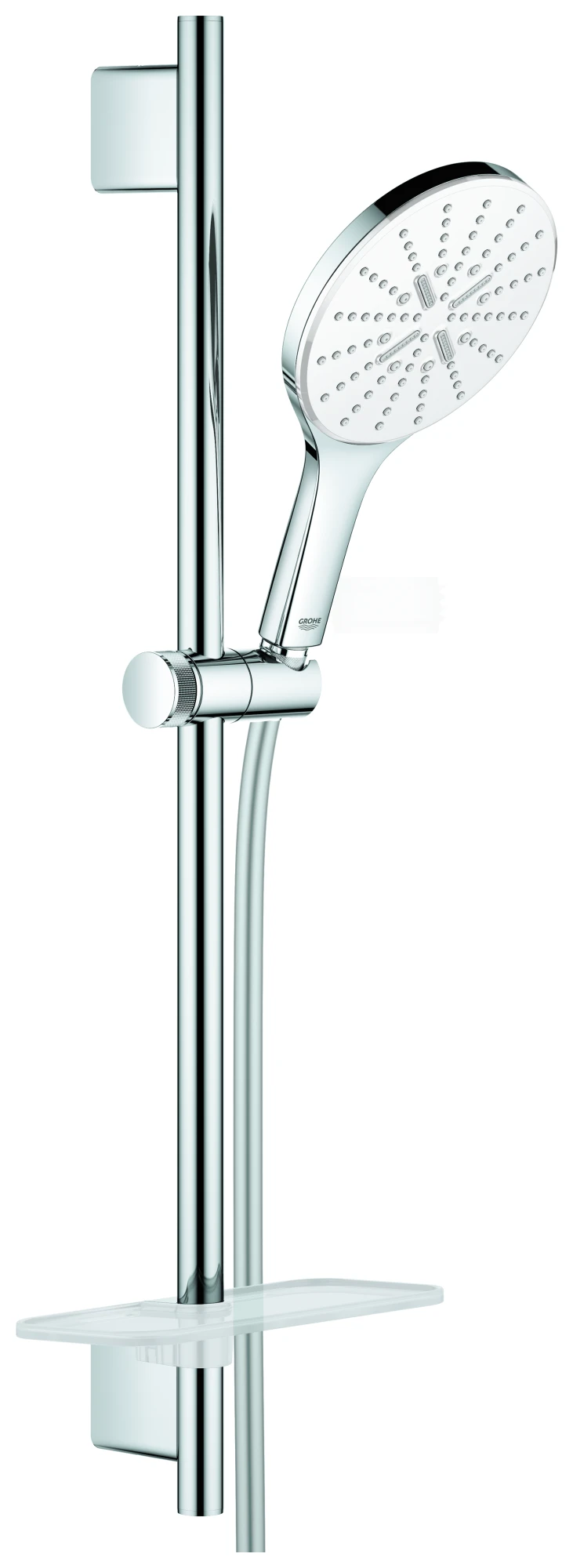 Brausestangenset Rainshower SmartActive 150 26592, 3 Strahlarten, Brauseboden moon white, Brausestange 600 mm, Brauseschlauch Silverflex 1.750 mm, Ablage, 9,5 l/min Durchflusskonstanthalter, moon white/chrom