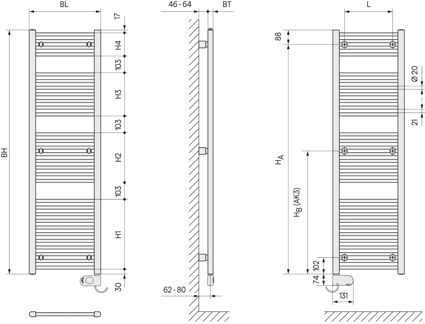 Kermi Bano-E Designheizkörper, weiß RAL 9016 seidenglanz, 764 mm hoch x 390 mm breit x 32 mm tief, rechts, 300 Watt, Elektrobetrieb