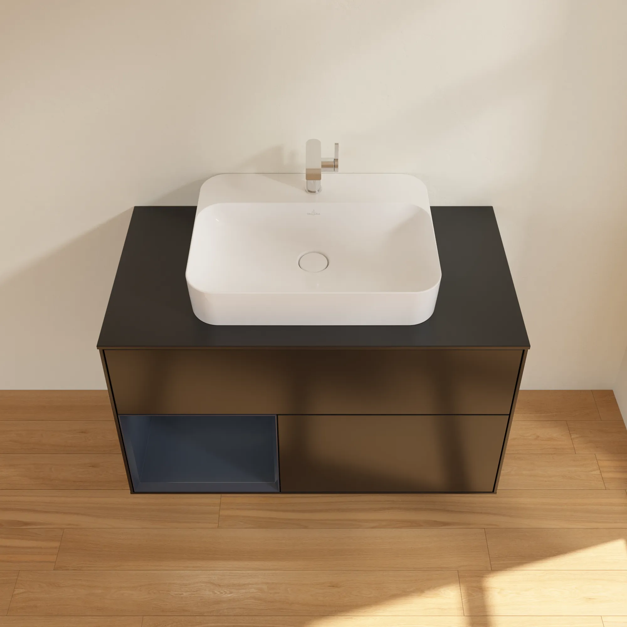 Villeroy & Boch Waschbeckenunterschrank Finion F36, 1000x603x501 mm, Black Matt Lacquer mit Midnight Blue Regal, Beleuchtung dimmbar, SoftClosing, Push-to-Open
