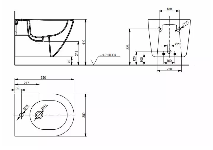 Toto Wand-Bidet „NC“ 380 × 530 × 335 mm in weiß