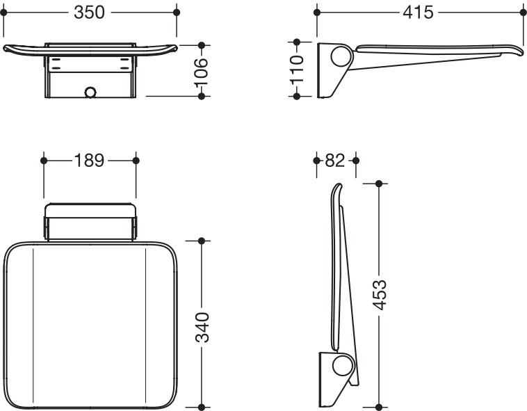 Mobiler Klappsitz des Systems 900, Konsole Edelstahl, PVD, Sitzfläche Kunststoff, weiß, Sitzfläche 350 mm breit, 340 mm tief, zum Nachrüsten auf Montageplatte 900.51.00160, in Farbe CK (messing glänzend)