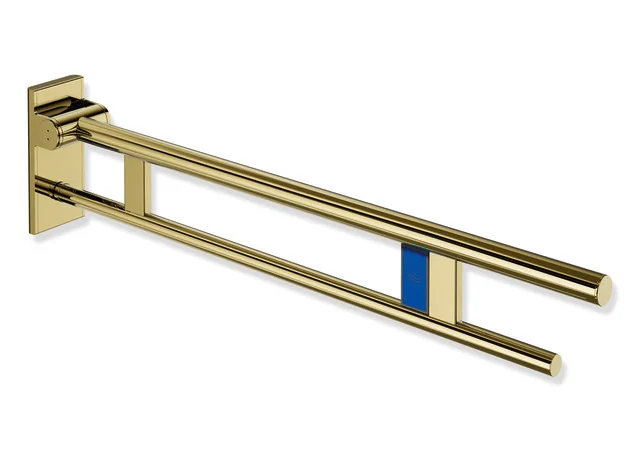 HEWI System 900 - Mobiler Stützklappgriff Duo, Design A, Edelstahl PVD gold glänzend, Ausladung 900 mm, Funk-Spülauslösung, links
