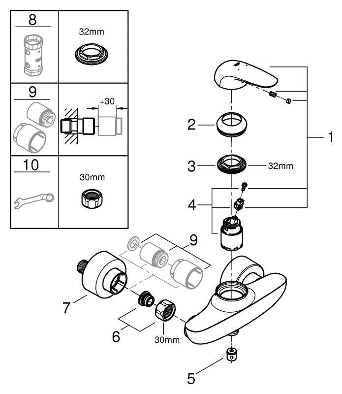 Einhand-Brausebatterie Eurostyle 23722_3, Wandmontage, eigensicher, geschlossener Metall-Hebelgriff, chrom