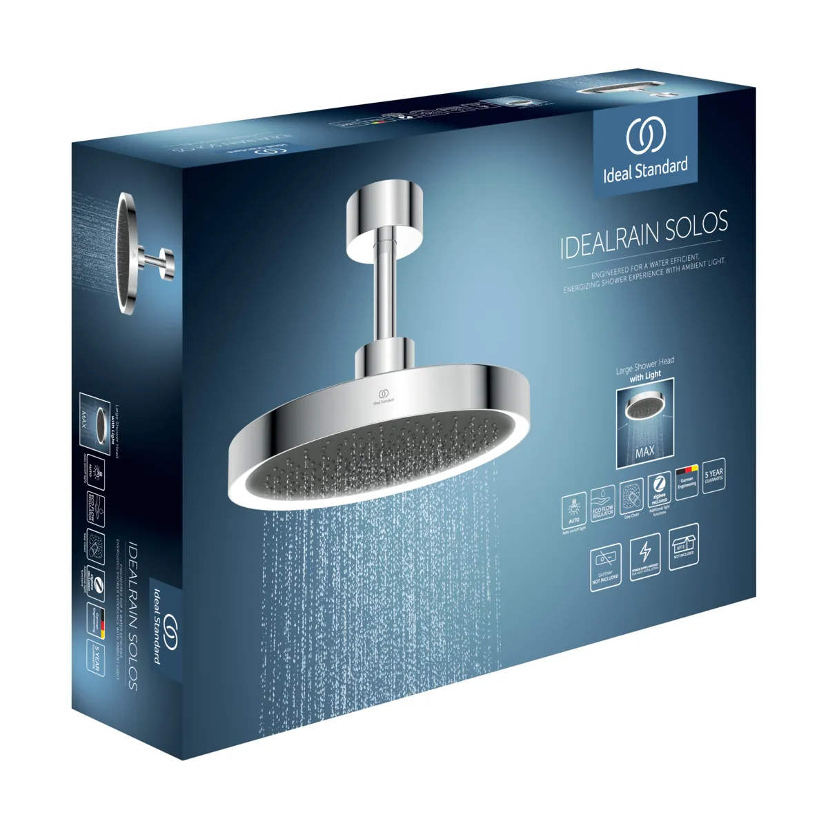 Regenbrause Idealrain Solos mit Deckenanschluss mit LED-Leuchtring Chrom Regenbrause Idealrain Solos mit Deckenanschluss mit LED-Leuchtring Chrom