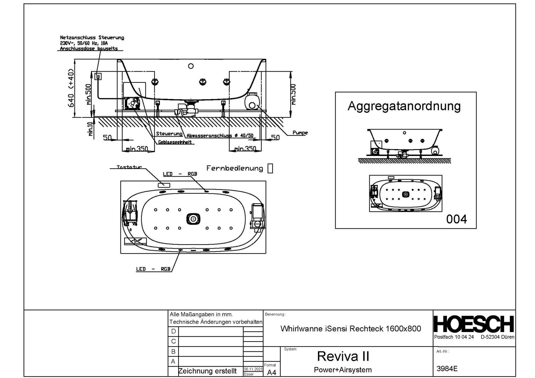 Hoesch Whirlwanne „iSensi“ mit Whirlsystem „Reviva II“ rechteck 1600 × 800 mm mit Reviva II, in Weiß