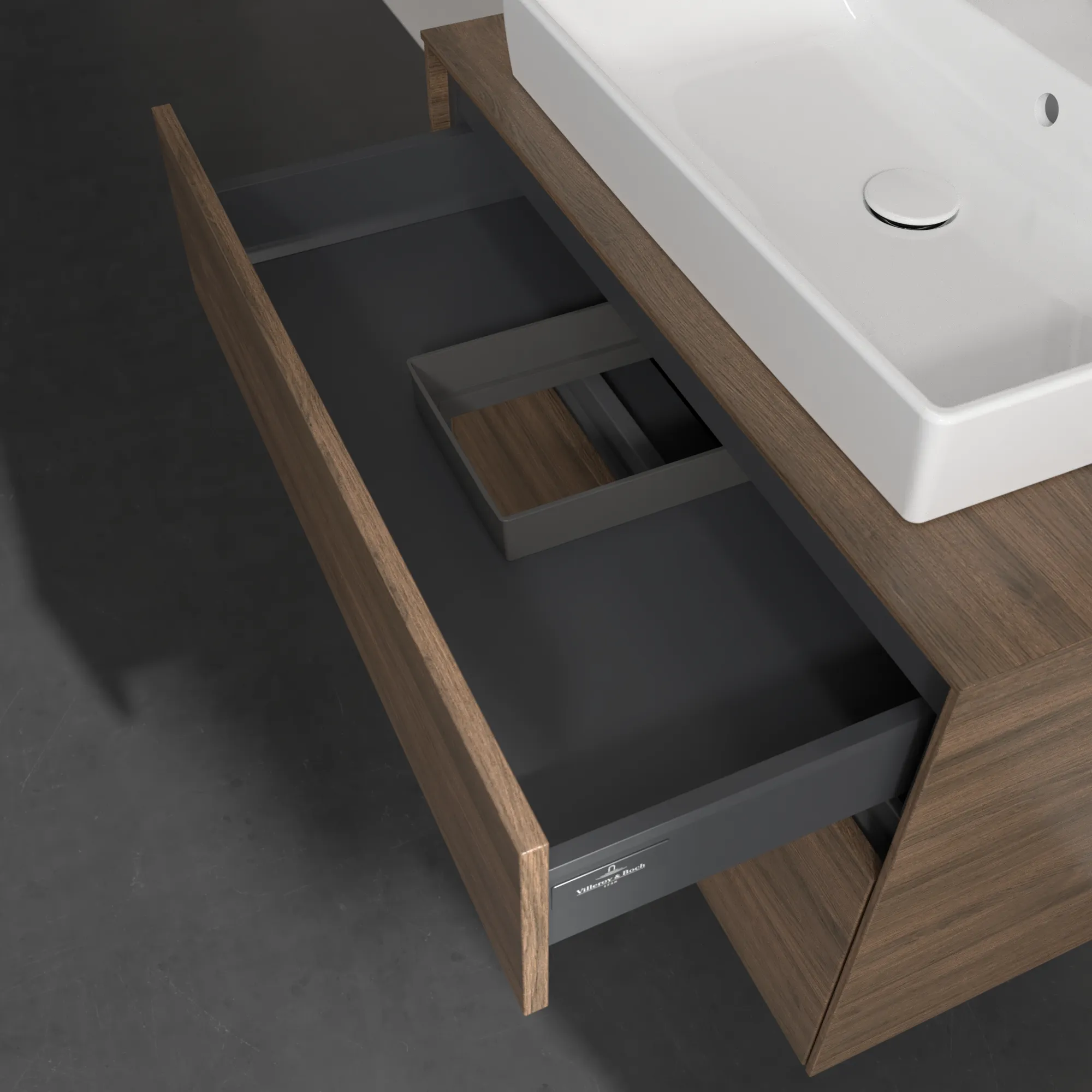Villeroy & Boch Waschbeckenunterschrank Collaro Arizona Oak, 800x548x500 mm, Eckig mit SoftClosing und integrierten Aluminiumgriffen Villeroy & Boch Waschbeckenunterschrank Collaro Arizona Oak, 800x548x500 mm, Eckig mit SoftClosing und integrierten Aluminiumgriffen