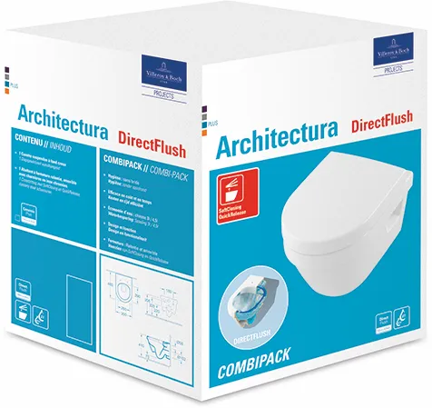 Wand-Tiefspül-WC Combi-Pack DirectFlush „Architectura“ 35 × 34 × 48 cm, ohne Spülrand, Abgang waagerecht