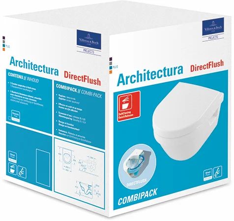 Wand-Tiefspül-WC Combi-Pack kurze Ausladung Compact „Architectura“ 35 × 34 × 48 cm in Weiß Alpin, ohne Spülrand, Abgang waagerecht
