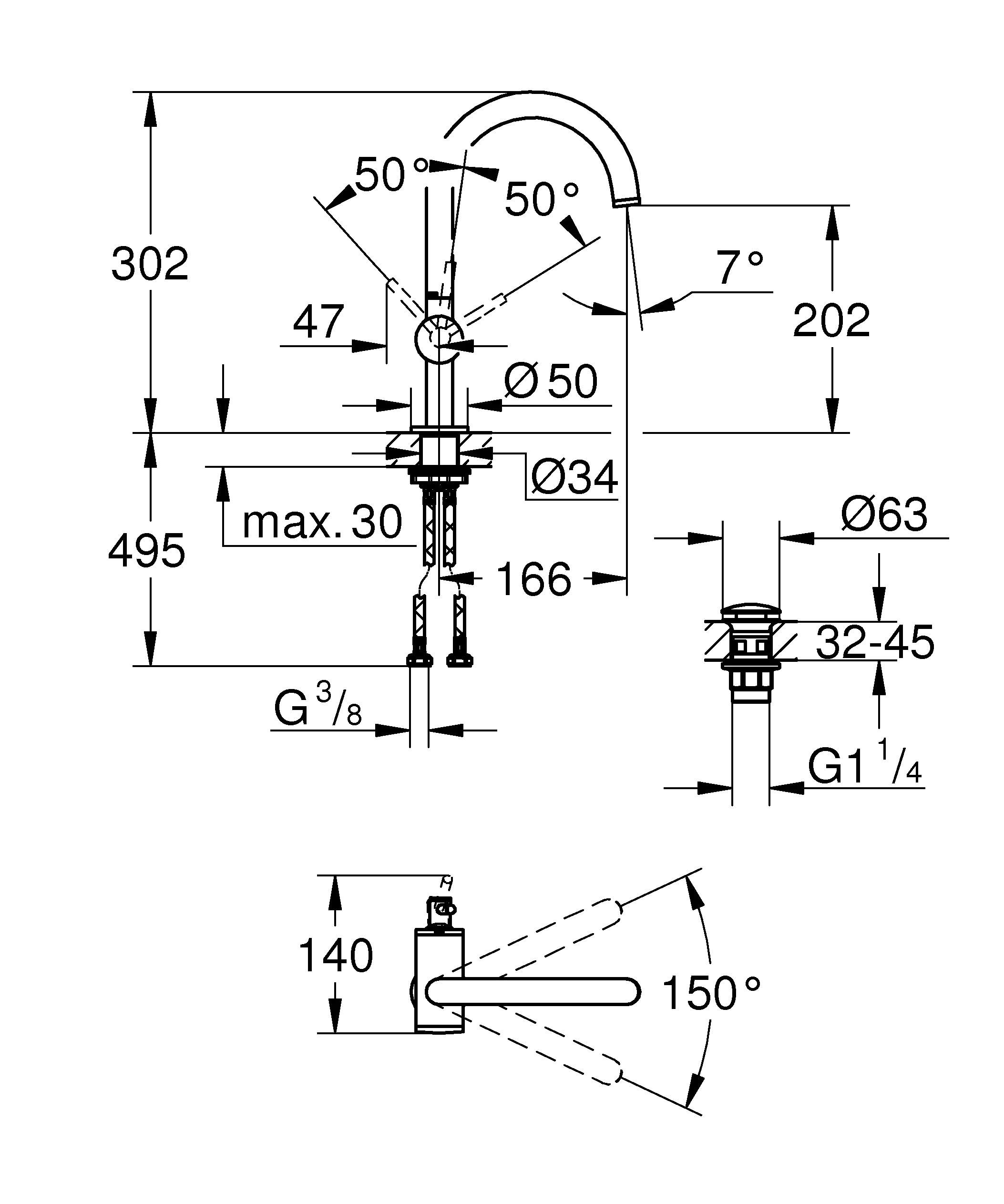 Einhand-Waschtischbatterie Atrio 24362, L-Size, Einlochmontage, schwenkbarer Bogenauslauf, mit Hebelgriff, Push-open Ablaufgarnitur 1 1/4'', chrom