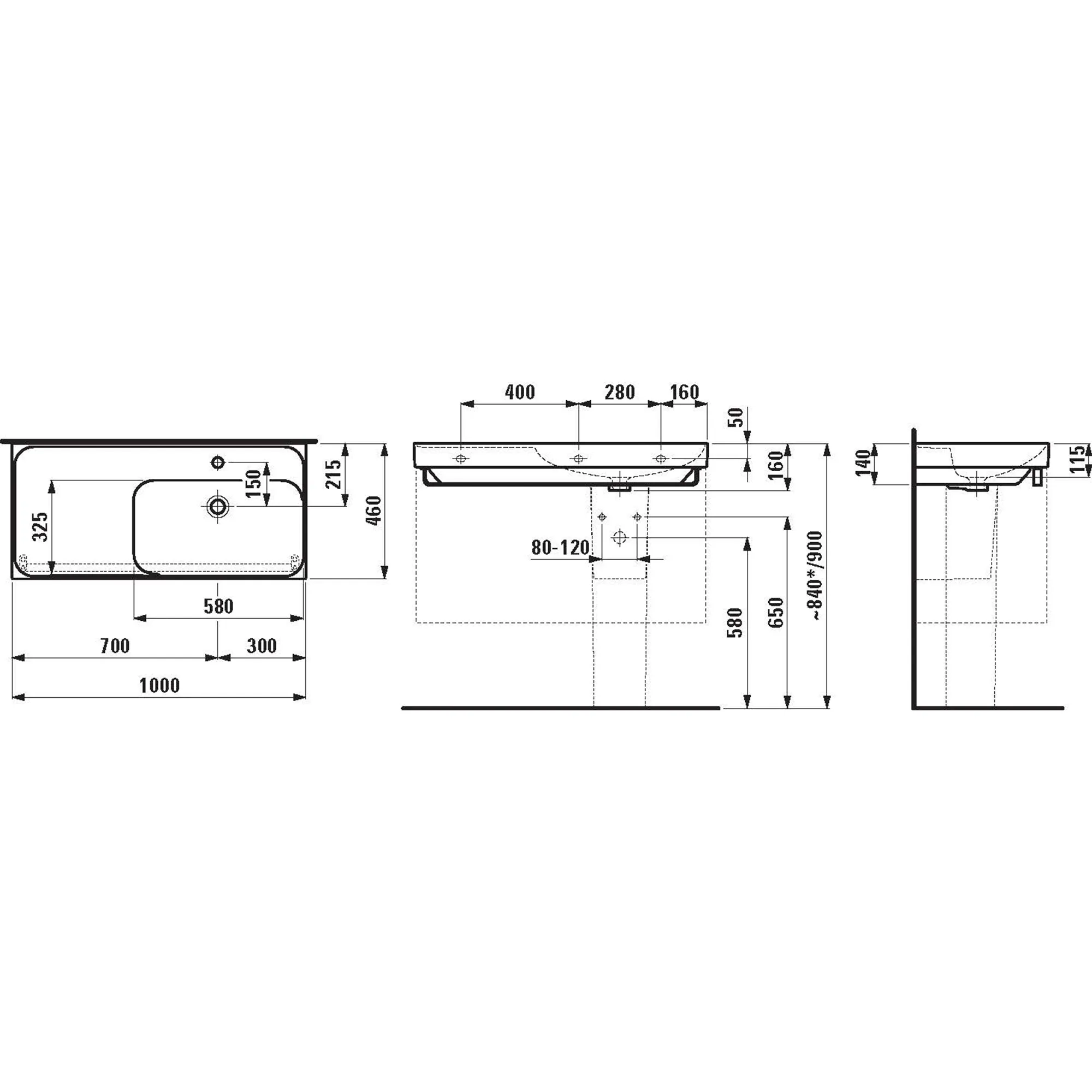 Waschtisch MEDA 460x1000x160 Ablage links 1 Hahnloch mit Überlauf Weiß