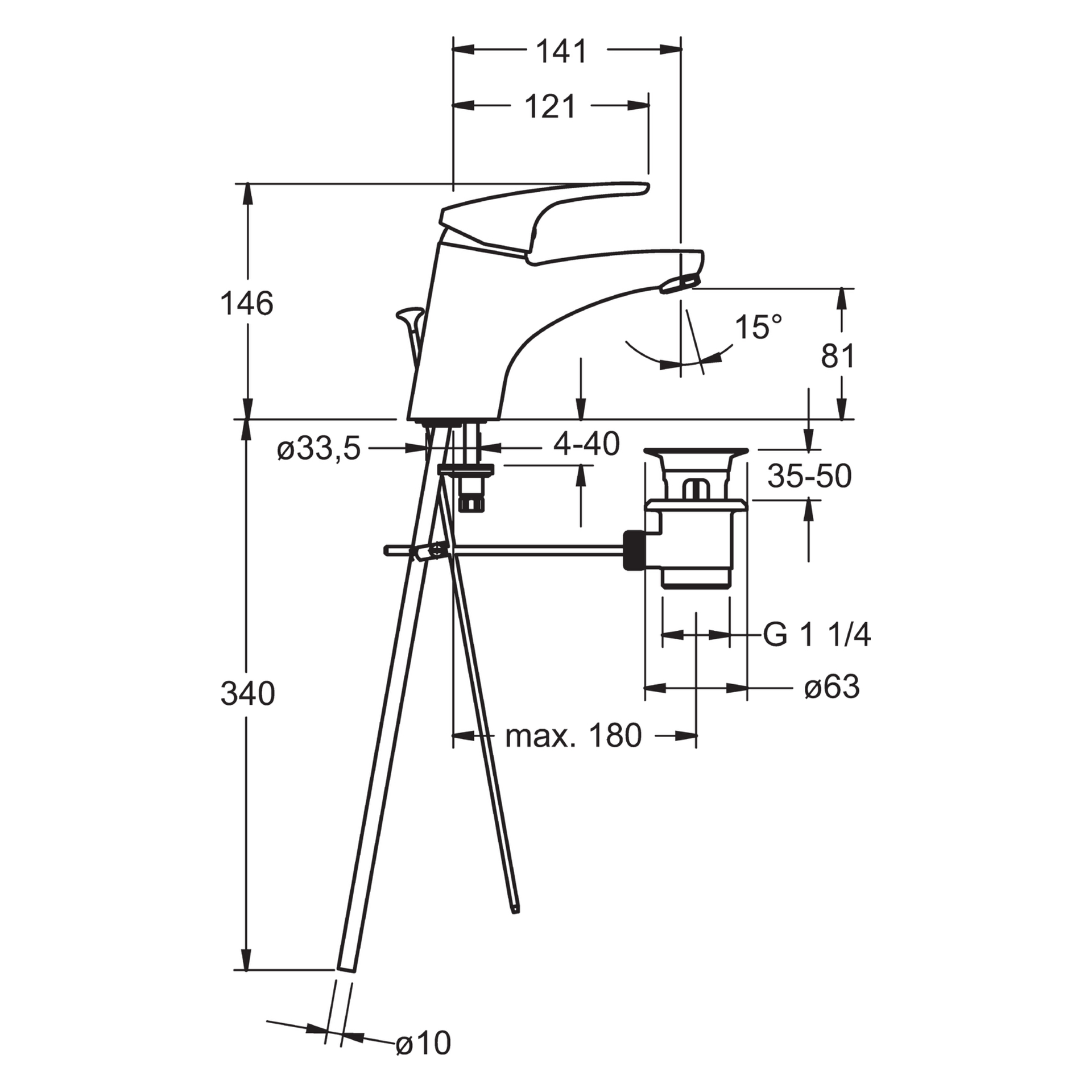 HA Einhebelmischer Waschtischbatterie HANSAMIX 0109 Kupferrohr Zugstangenablaufgarnitur Ausladung 141 mm DN15 Chrom