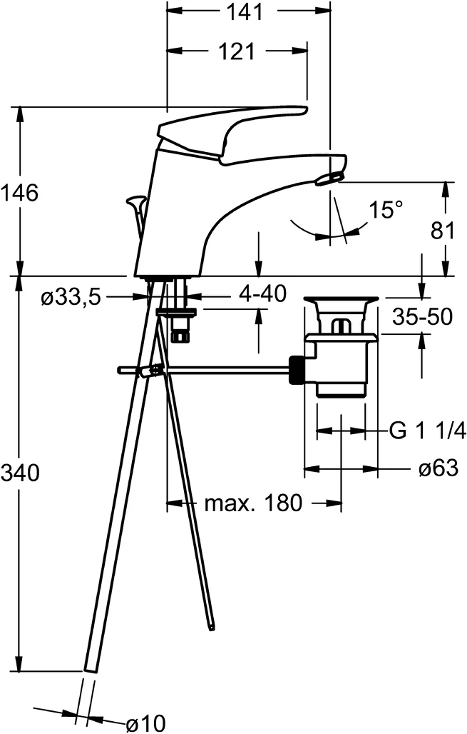 HansaMIX Waschtischarmatur Einhebelmischer HansaMIX 0109 Kupferrohr Zugstangenablaufgarnitur Ausladung 141 mm DN15 Chrom