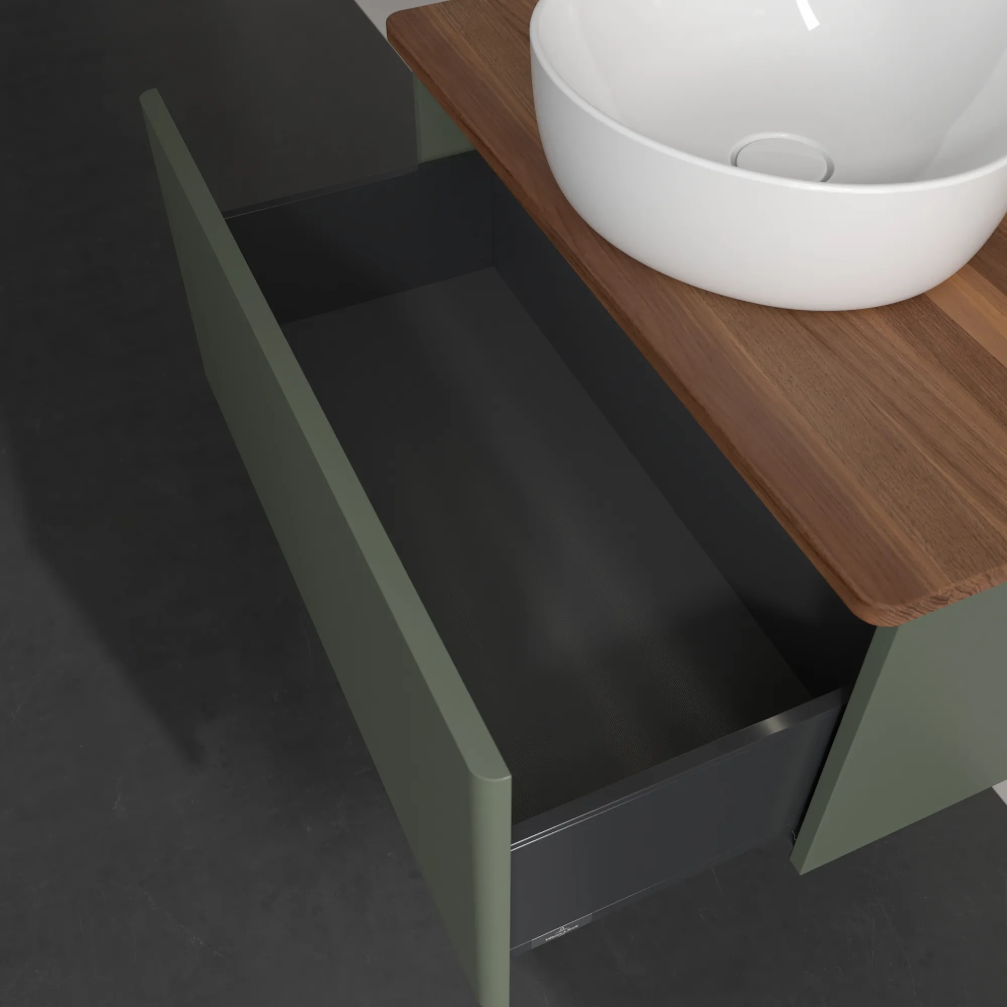 Villeroy & Boch Waschtischunterschrank „Antao“ 800 × 360 × 500 mm Leaf Green Matt Lacquer, für Becken mittig, mit Beleuchtung Villeroy & Boch Waschtischunterschrank „Antao“ 800 × 360 × 500 mm Leaf Green Matt Lacquer, für Becken mittig, mit Beleuchtung