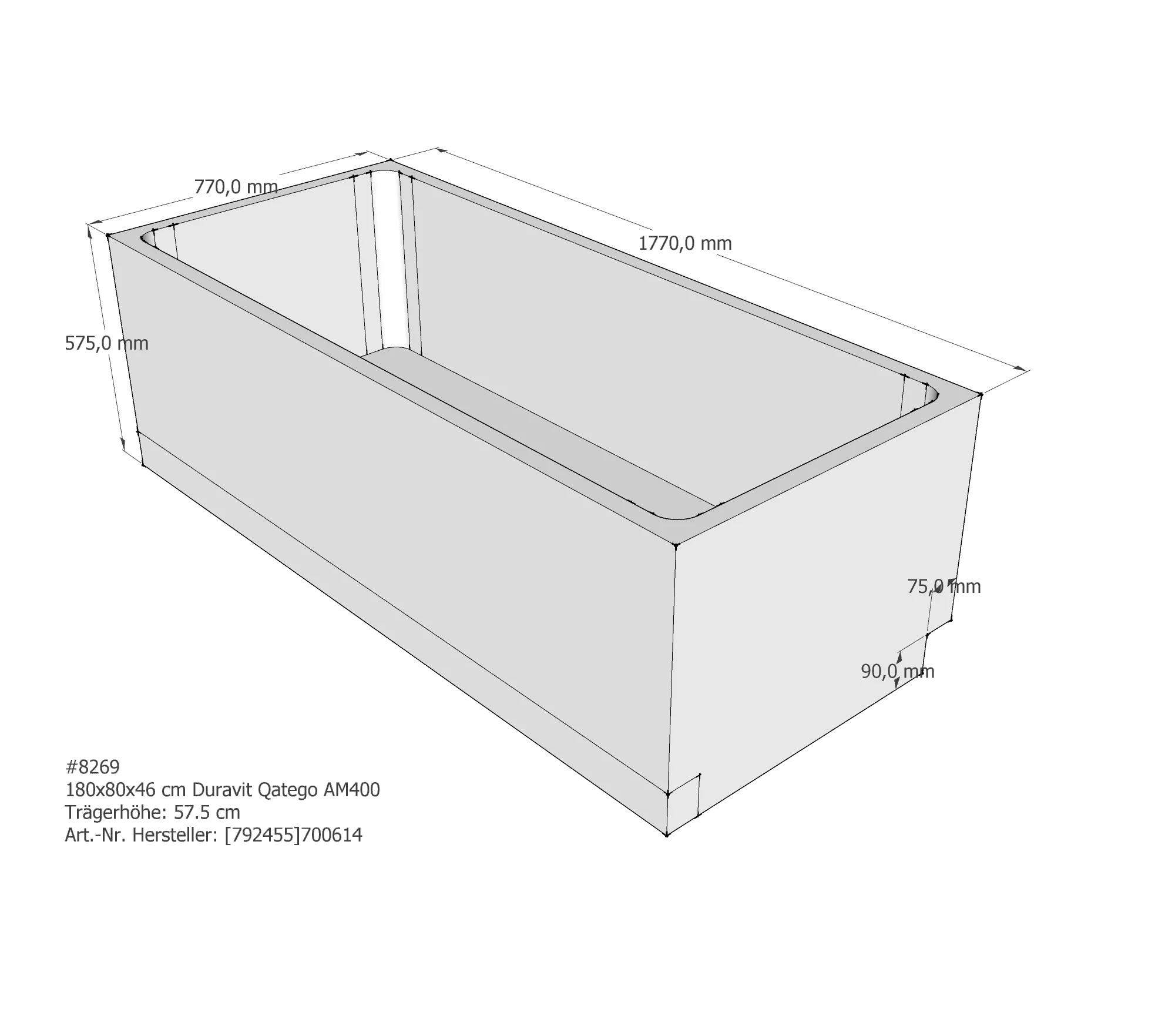 Badewannenträger passend für Duravit Qatego 180 × 80 × 46 cm