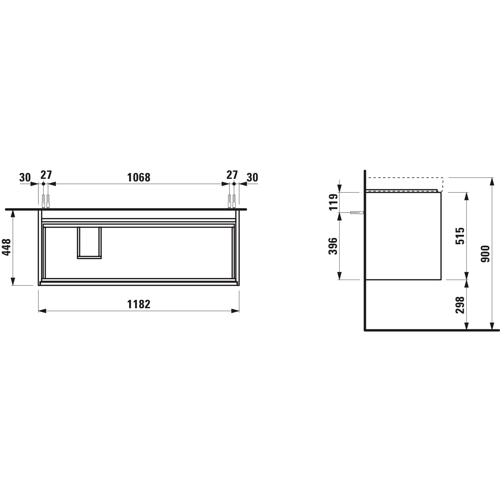 Waschtischunterbau MEDA 448x1182x515 2 Schubladen integrierte Griffleiste für Waschtisch H817110 weiß matt
