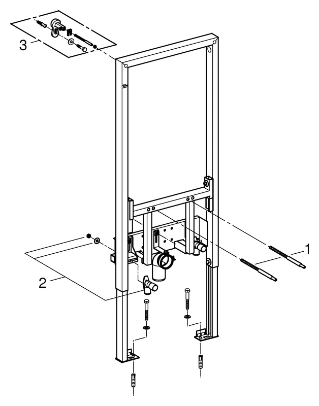 Bidet-Element Rapid SL 38553_1, 1,13 m Bauhöhe, für Vorwand- oder Ständerwandmontage, senkrechte Drucktraversen für Keramiken mit kleiner Auflagefläche < 205 mm, 2 schallgedämmte Armaturenanschlüsse DN 15, HT-Ablaufbogen DN 50