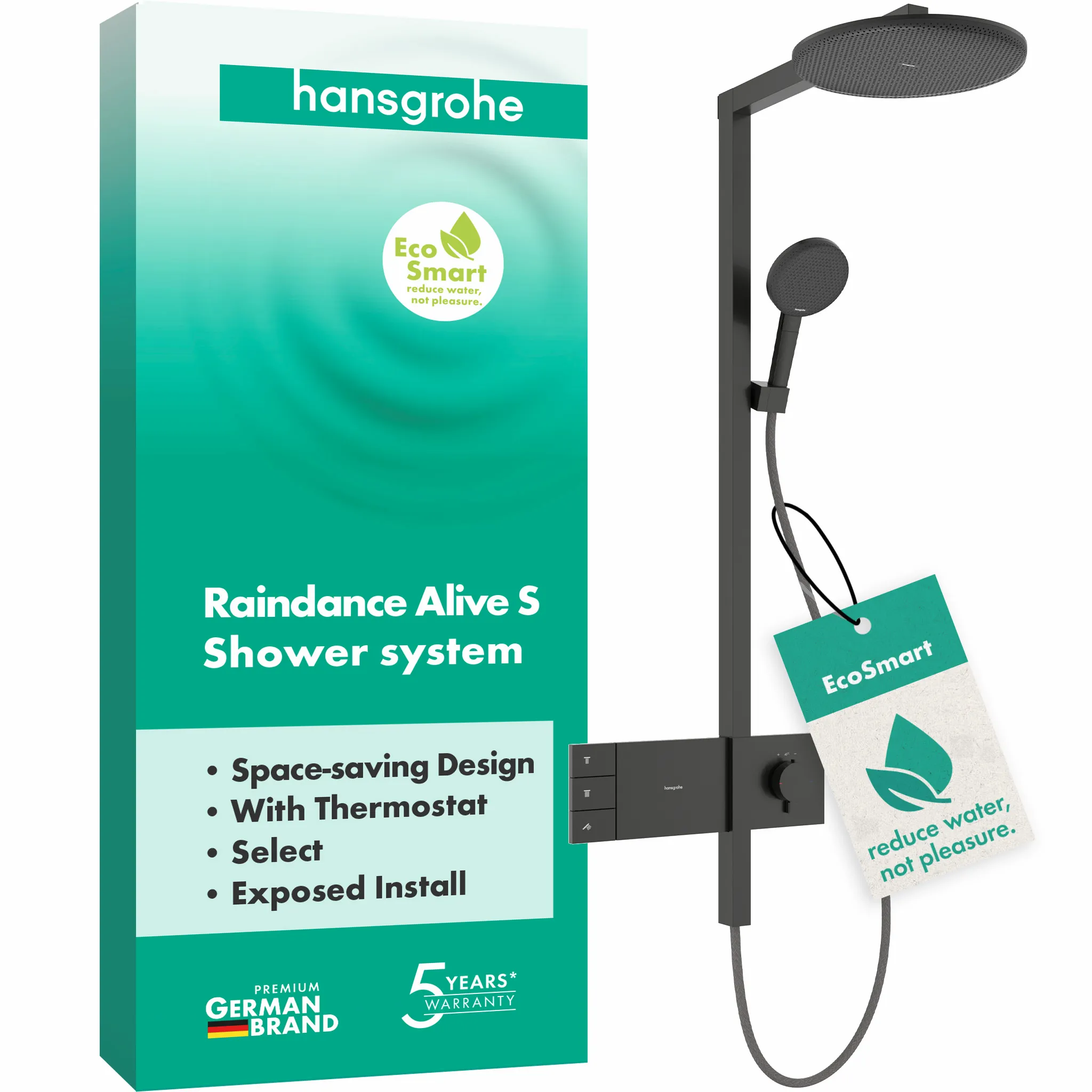 Hansgrohe Raindance Alive S Showerpipe 300 2jet EcoSmart mit Thermostat BBC, Brushed Black Chrome, 150 ± 12 mm Stichmaß Hansgrohe Raindance Alive S Showerpipe 300 2jet EcoSmart mit Thermostat BBC, Brushed Black Chrome, 150 ± 12 mm Stichmaß