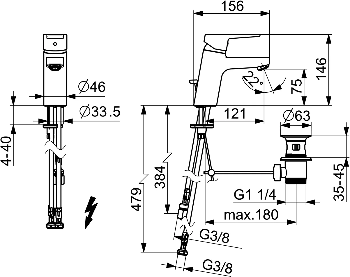 HansaTWIST Waschtischarmatur Einhebelmischer HansaTWIST 0913 Kupferrohr Zugstangenablaufgarnitur Ausladung 121 mm DN15 Chrom