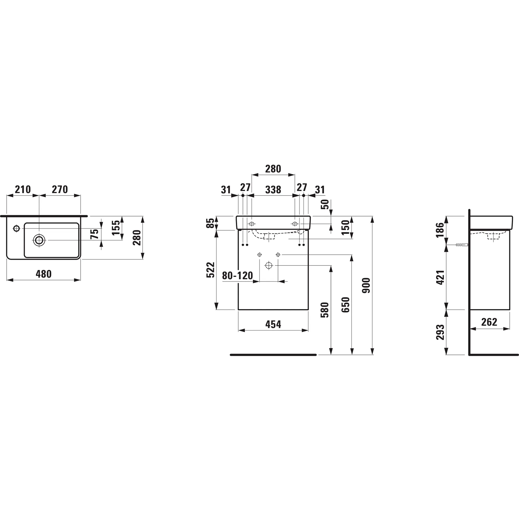 Waschtisch+Waschtischunterbau PRO S SET BASE 2.0 280x480x607 1 Hahnloch mit Überlauf 1 Tür Scharnier links mit Griffmulde weiß/we matt