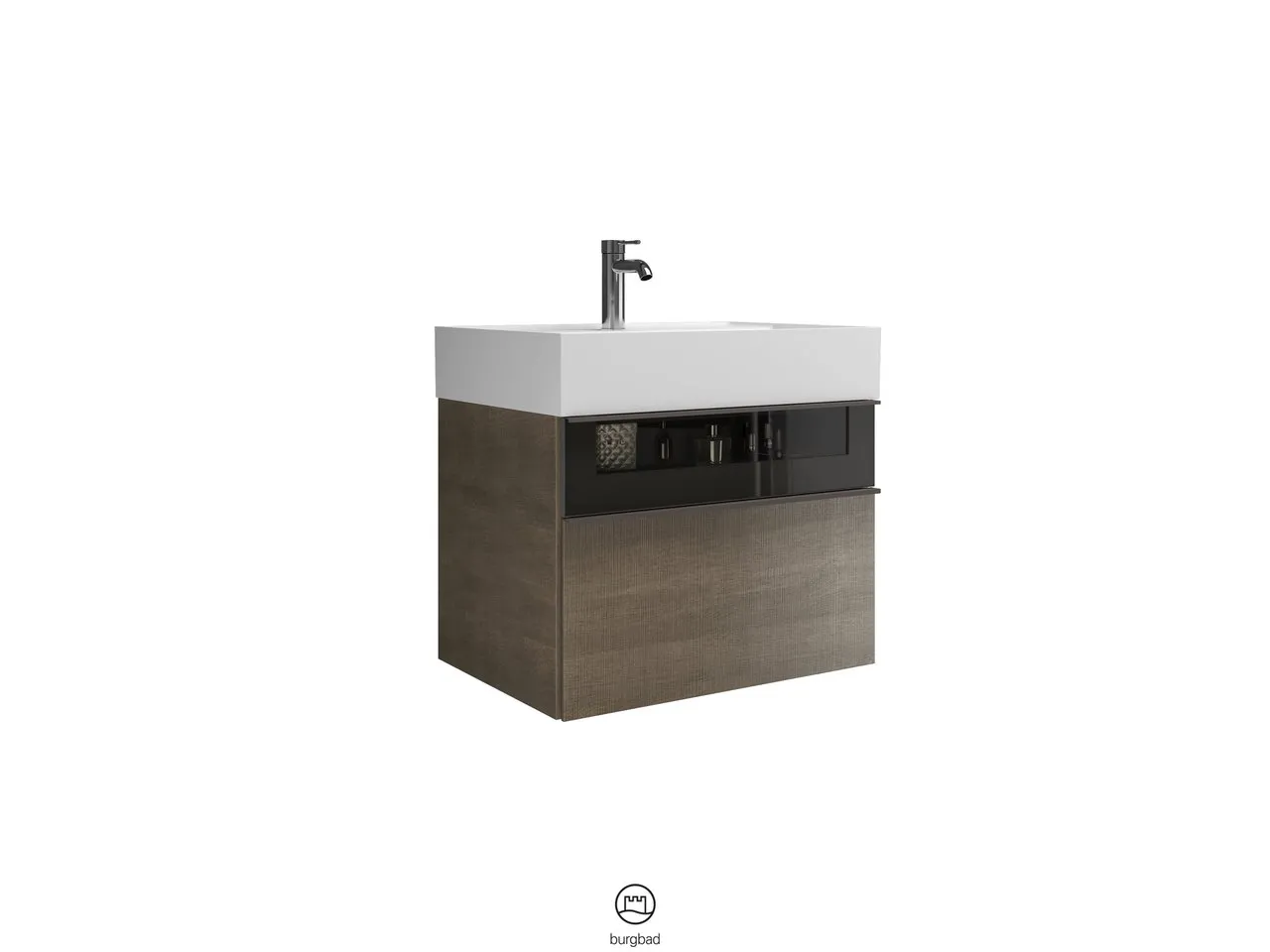 Mi-Waschtisch inkl. WTU Yumo von burgbad – Mineralguss, 470x665x610 mm, 1 Schublade, Rauchglasfront Mi-Waschtisch inkl. WTU Yumo von burgbad – Mineralguss, 470x665x610 mm, 1 Schublade, Rauchglasfront