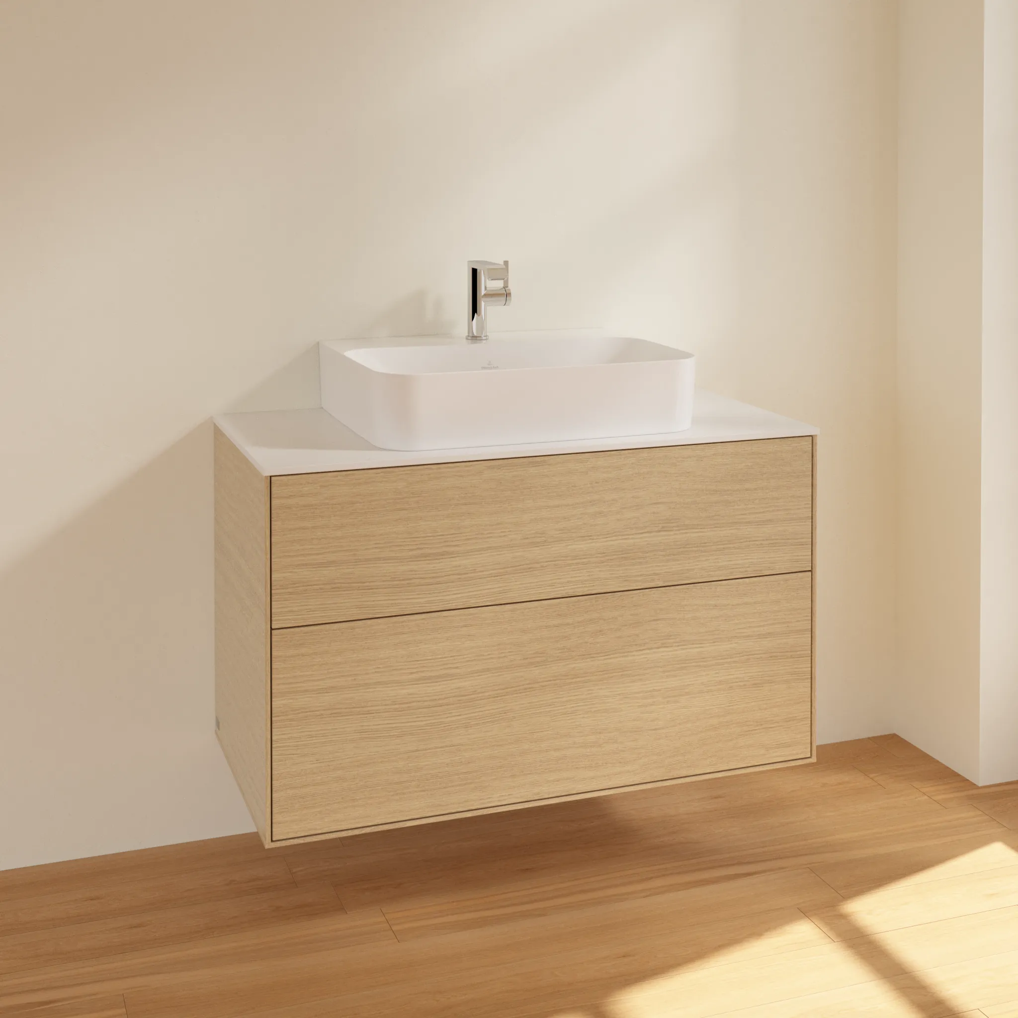 Villeroy & Boch Finion F10 Waschbeckenunterschrank, 1000x603x501mm, Eckig, Holz, Oak Veneer / Glass White Matt
