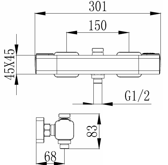 Thermostat-Brausebatterie AqvaTherm - soft-edge - Brauseabgang 1/2″ unten - Brauseabgang 3/4" oben - keramisches 2-Wege-Ventil - cool touch - Edelstahlfilter - S-Anschlüsse mit Rosetten - eigensicher - Sicherheitstaste - chrom