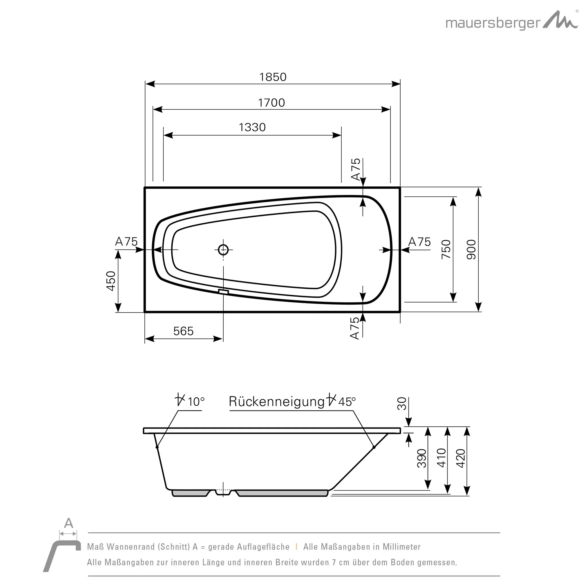 Mauersberger Acryl-Badewanne scinosa 185⁄90 1850x800x420, Farbgruppe: 2