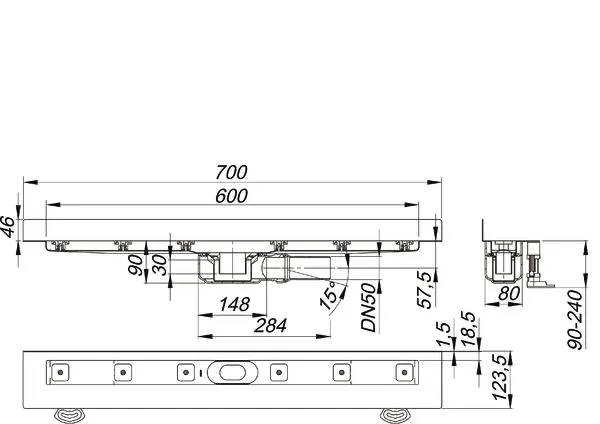 Duschrinne CeraLine PLAN W 600 mm, DN 50