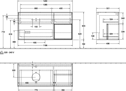 Villeroy & Boch Waschtischunterschrank „Finion“ für Schrankwaschtisch 120 × 60,3 × 50,1 cm 3 Schubladen, für Waschtischposition links, inkl. Beleuchtung links