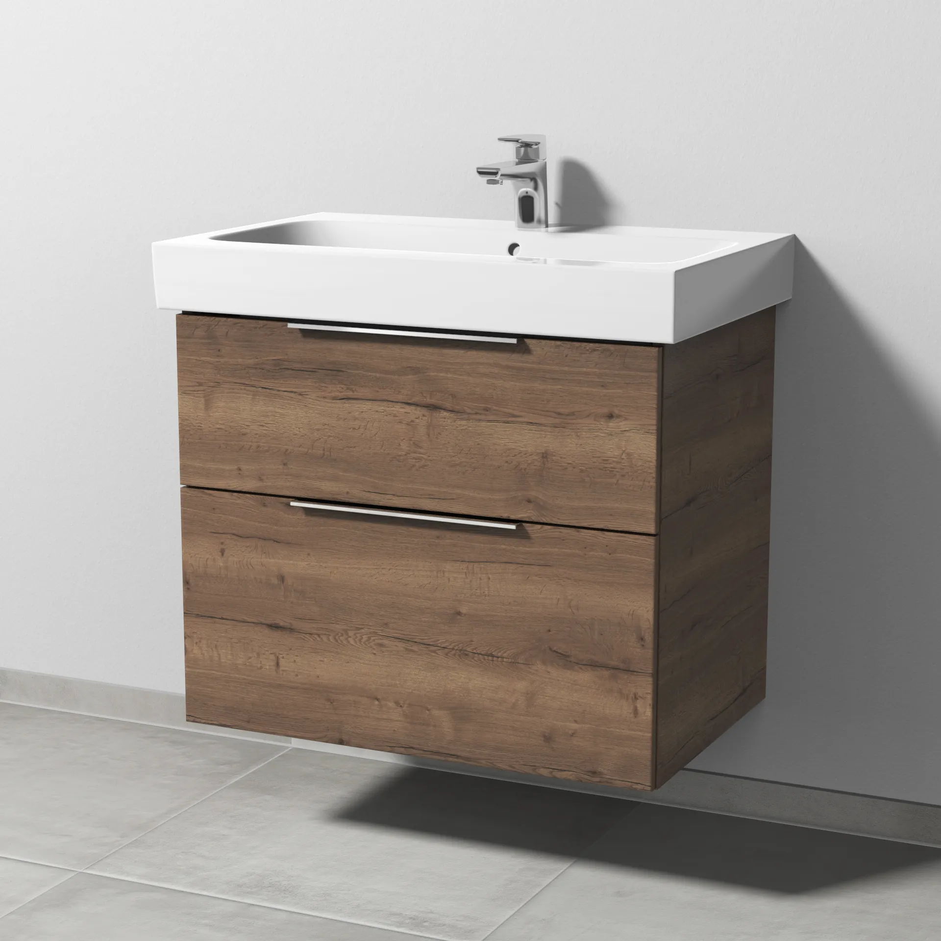 Sanipa Waschtischunterschrank „3way“ passend zu Keramik-Waschtische iCon von Geberit 700 × 593 × 462 mm in Eiche Tabak, Becken mittig