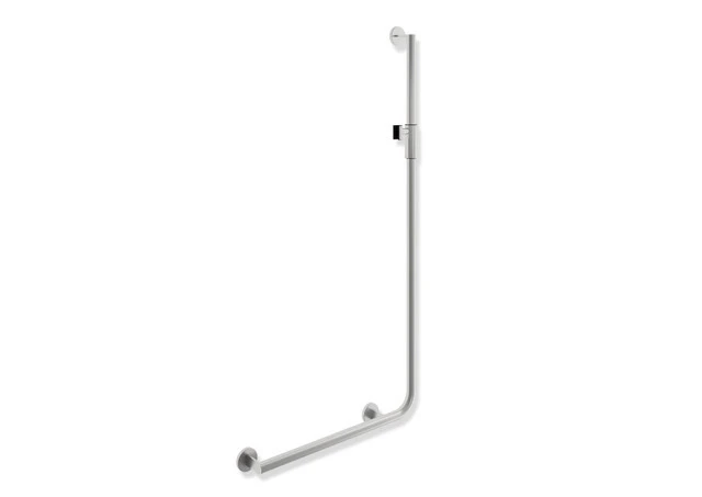 Winkelgriff mit Brausehalter, Edelstahl, schliff, waagerechte Länge 600 mm, senkrechte Länge 1250 mm, D: 32 mm, Ausführung links, mit magnetischem Brausehalter