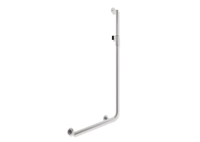Winkelgriff mit Brausehalter, Edelstahl, schliff, waagerechte Länge 600 mm, senkrechte Länge 1250 mm, D: 32 mm, Ausführung links, mit magnetischem Brausehalter Winkelgriff mit Brausehalter, Edelstahl, schliff, waagerechte Länge 600 mm, senkrechte Länge 1250 mm, D: 32 mm, Ausführung links, mit magnetischem Brausehalter