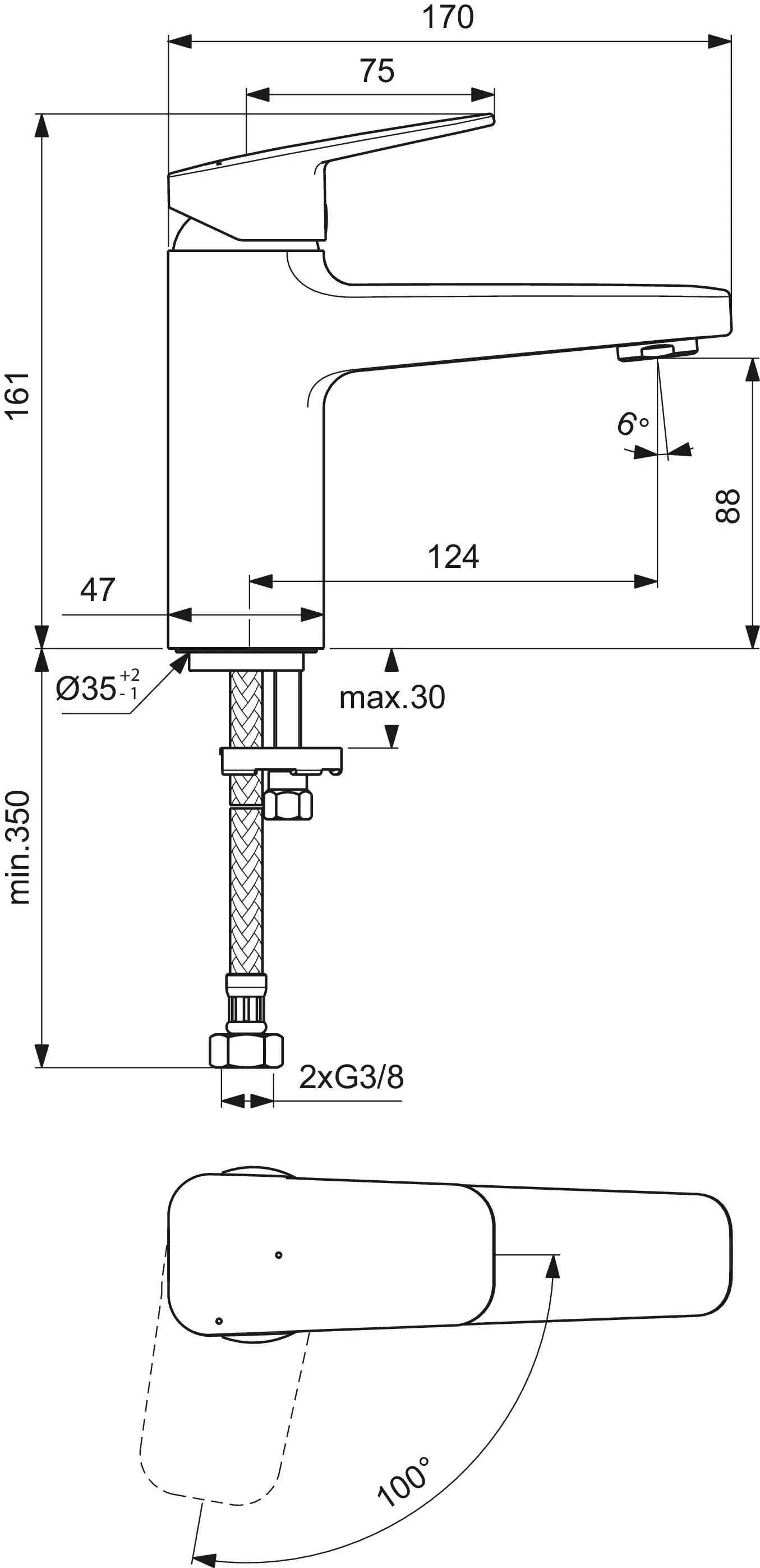 Einhand-Waschtischarmatur „Ceraplan“ Ausladung 124 mm in Chrom