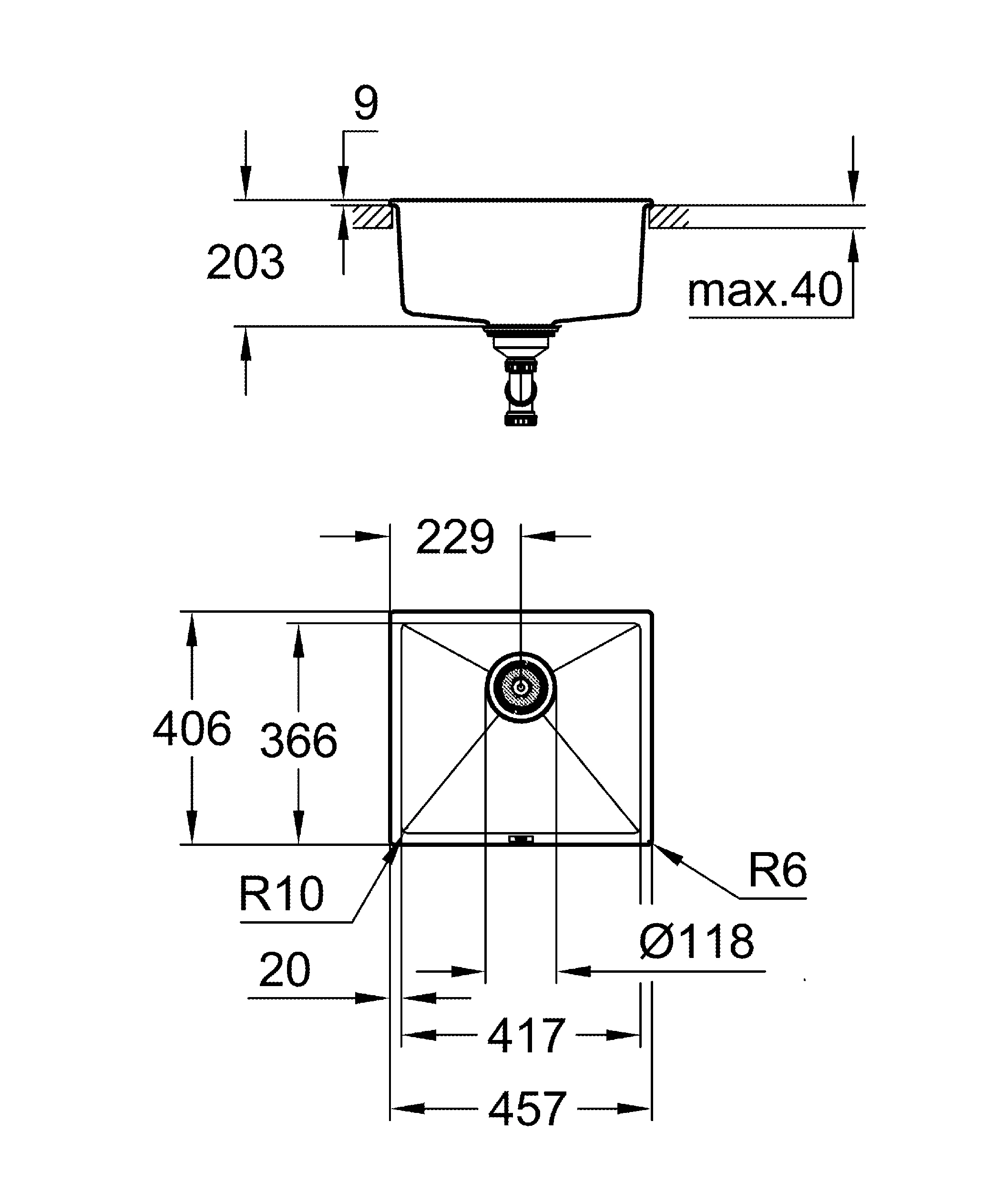 Kompositspüle K700 Unterbau 31653, Modell: K700U 50-C 45,7/40,6 1.0, Montageart: Standard-Einbau und Unterbau, Maße: 457 x 406 mm, 1 Becken: 417 x 366 x 203 mm, granit schwarz