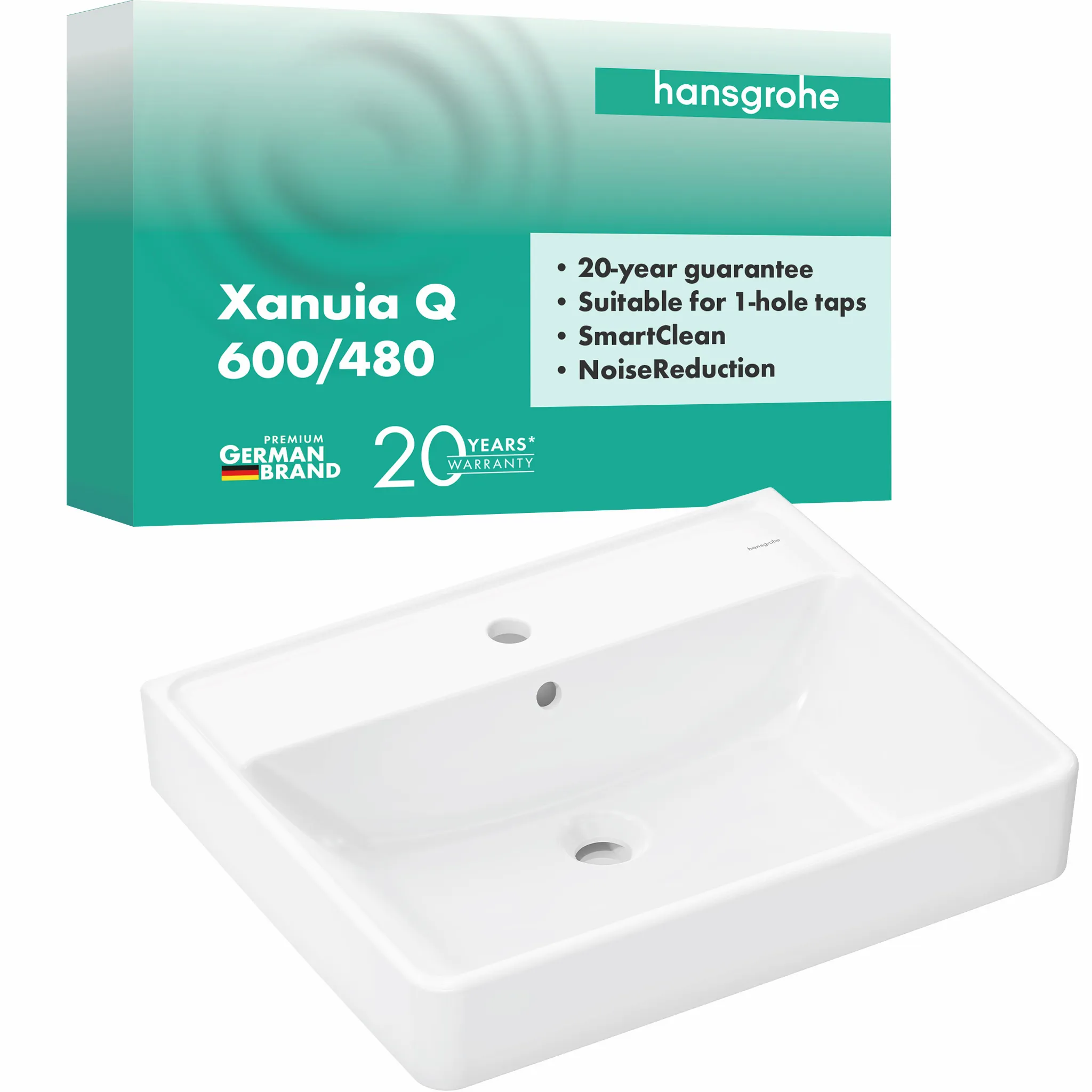 Hansgrohe Xanuia Q Waschtisch 600⁄480 mit Hahnloch und Überlauf, SmartClean, Weiß