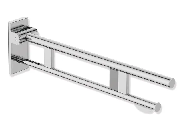 HEWI Stützklappgriff Duo Design A, Edelstahl verchromt, Ausladung 750 mm, mit WC-Papierhalter und Funk-Spülauslösung, Ausführung rechts HEWI Stützklappgriff Duo Design A, Edelstahl verchromt, Ausladung 750 mm, mit WC-Papierhalter und Funk-Spülauslösung, Ausführung rechts