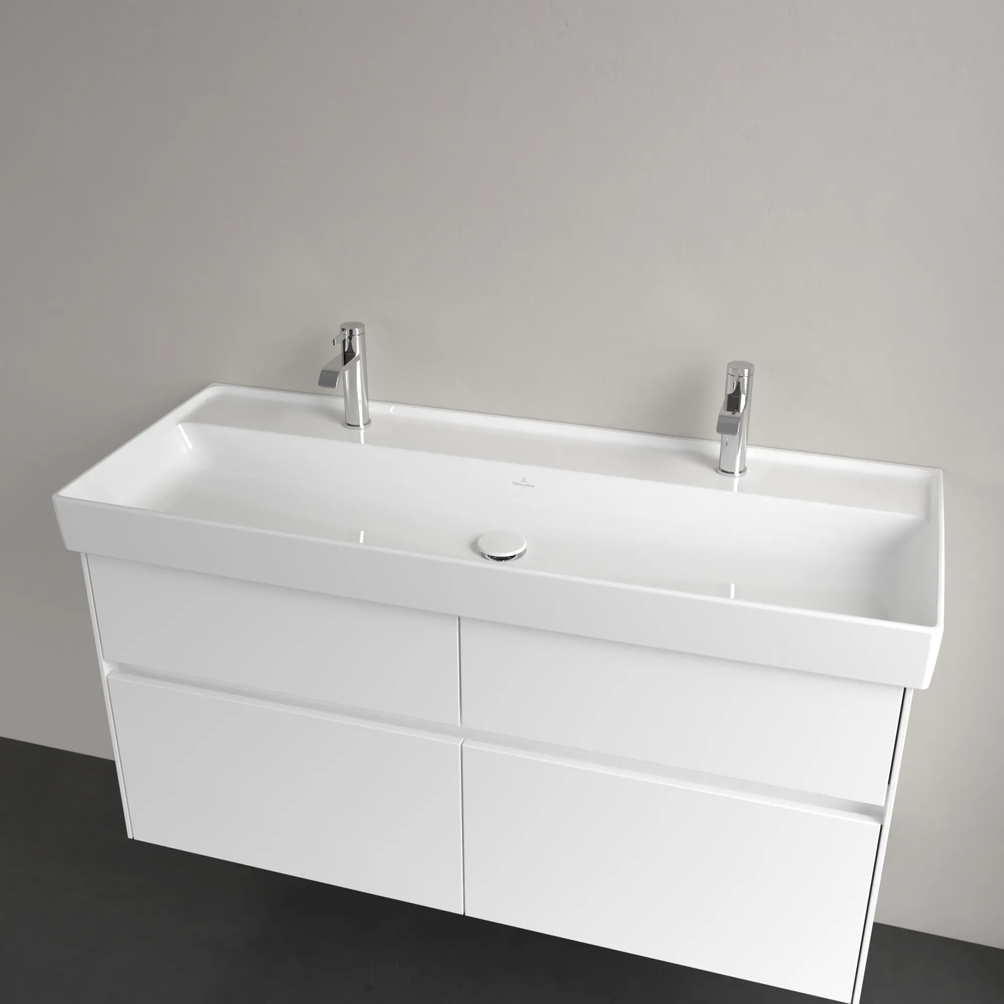 Villeroy & Boch Schrankwaschtisch aus TitanCeram „Collaro“ 1200 × 470 × 160 mm, Hahnlochposition links und rechts, mit Hahnlochbohrung in Weiß Alpin Villeroy & Boch Schrankwaschtisch aus TitanCeram „Collaro“ 1200 × 470 × 160 mm, Hahnlochposition links und rechts, mit Hahnlochbohrung in Weiß Alpin