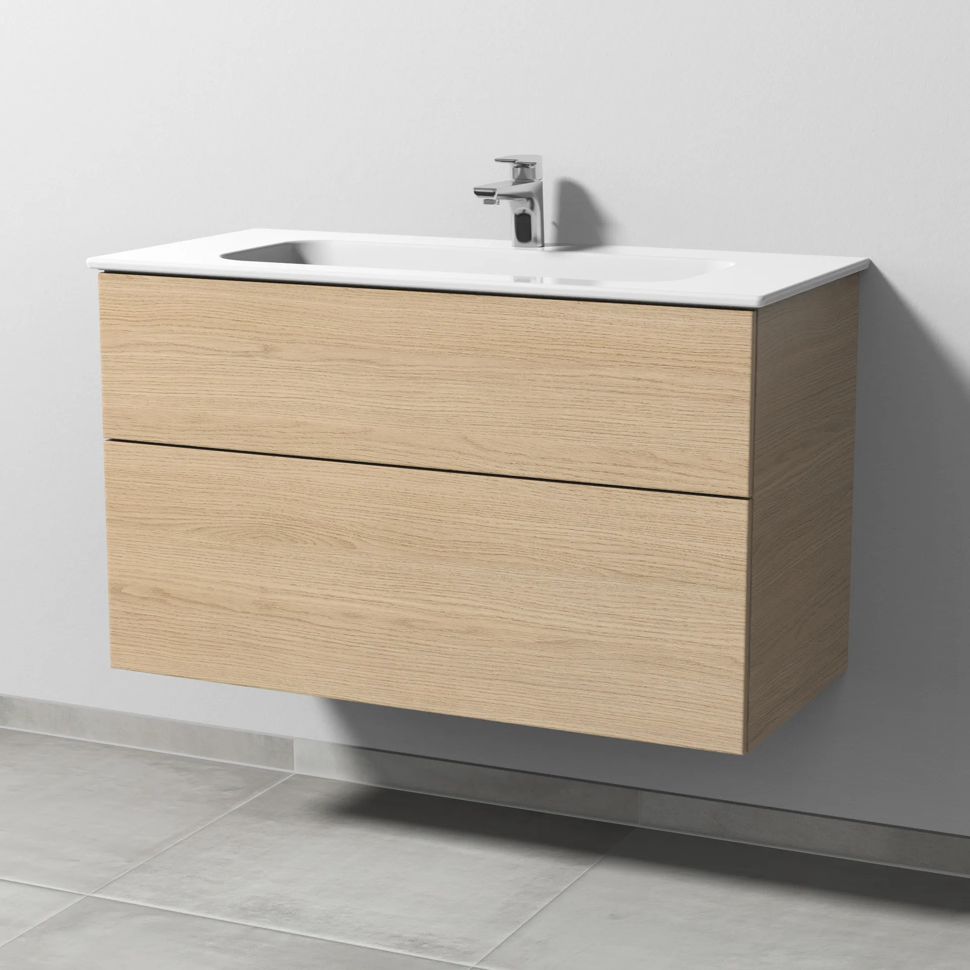 Keramik-Waschtisch-Set mit Waschtischunterschrank „3way“ 97 × 46 × 58,2 cm in Eiche Nordic, mit Hahnlochbohrung, Becken mittig