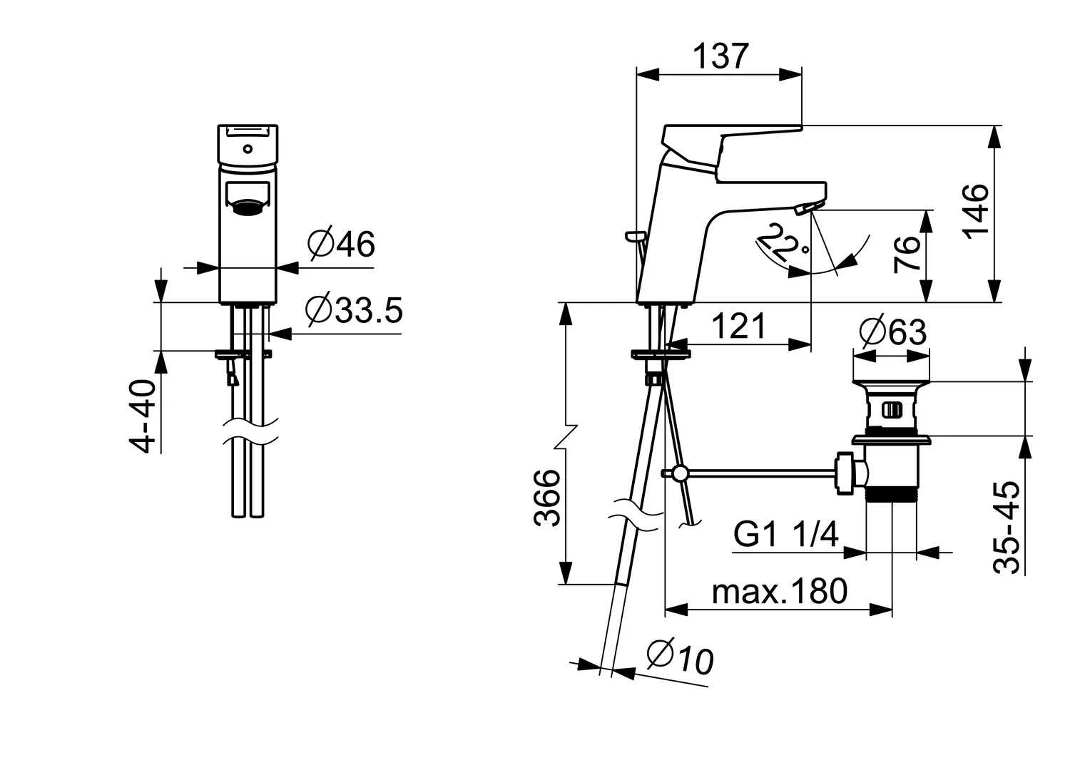 HansaTWIST Waschtischarmatur HansaTWIST 0909 Kupferrohr Zugstangenablaufgarnitur Ausladung 121 mm DN15 Chrom