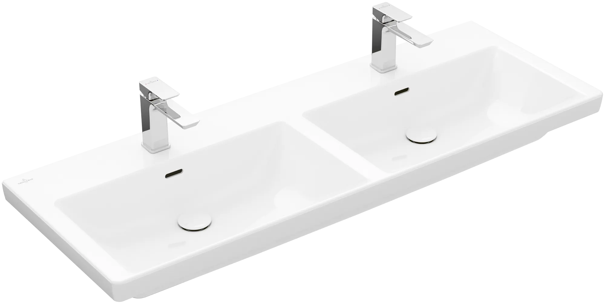 Doppelwaschtisch aus TitanCeram „Subway 3.0“ 130 × 47,5 × 16,5 × 16,5 cm, mit Hahnlochbohrung, Hahnlochposition links und rechts