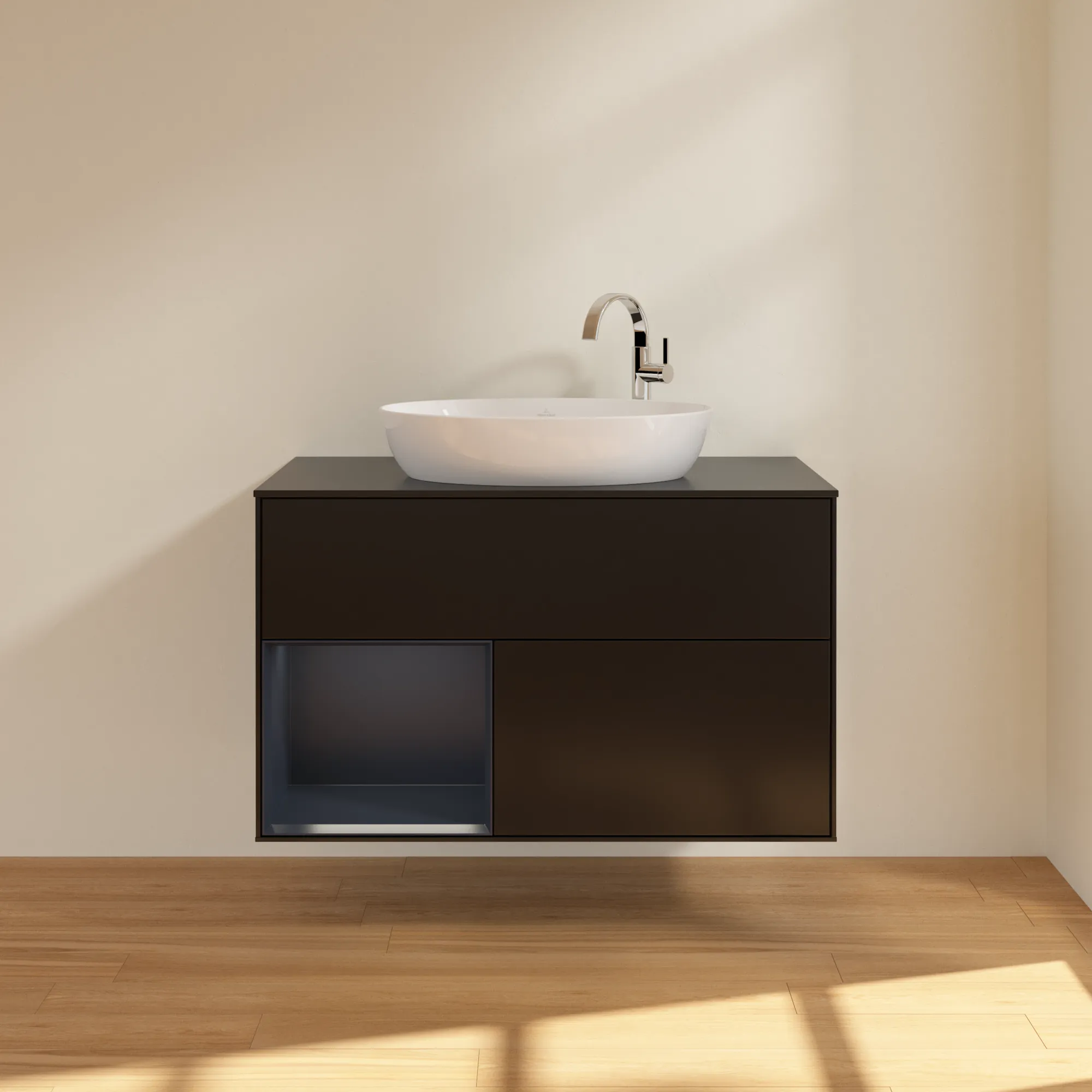 Villeroy & Boch Waschbeckenunterschrank Finion F89, 1000x603x501 mm, Black Matt Lacquer mit Midnight Blue Regal, Beleuchtung dimmbar, SoftClosing, Push-to-open, 2 Auszüge