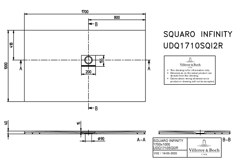 Villeroy & Boch rechteck Duschwanne „Squaro Infinity“ Eck-Einbau rechts gegen Wand 170 × 100 cm in Brown