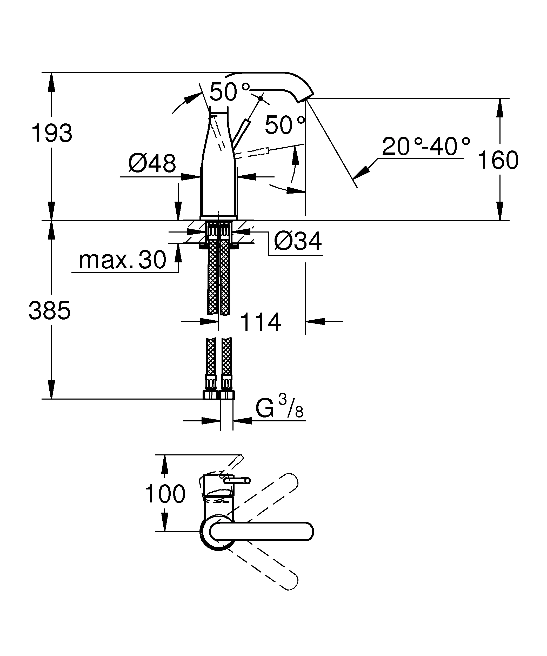 Einhand-Waschtischbatterie Essence 24176_1, M-Size, Einlochmontage, glatter Körper, schwenkbarer Auslauf, Professional Edition, chrom