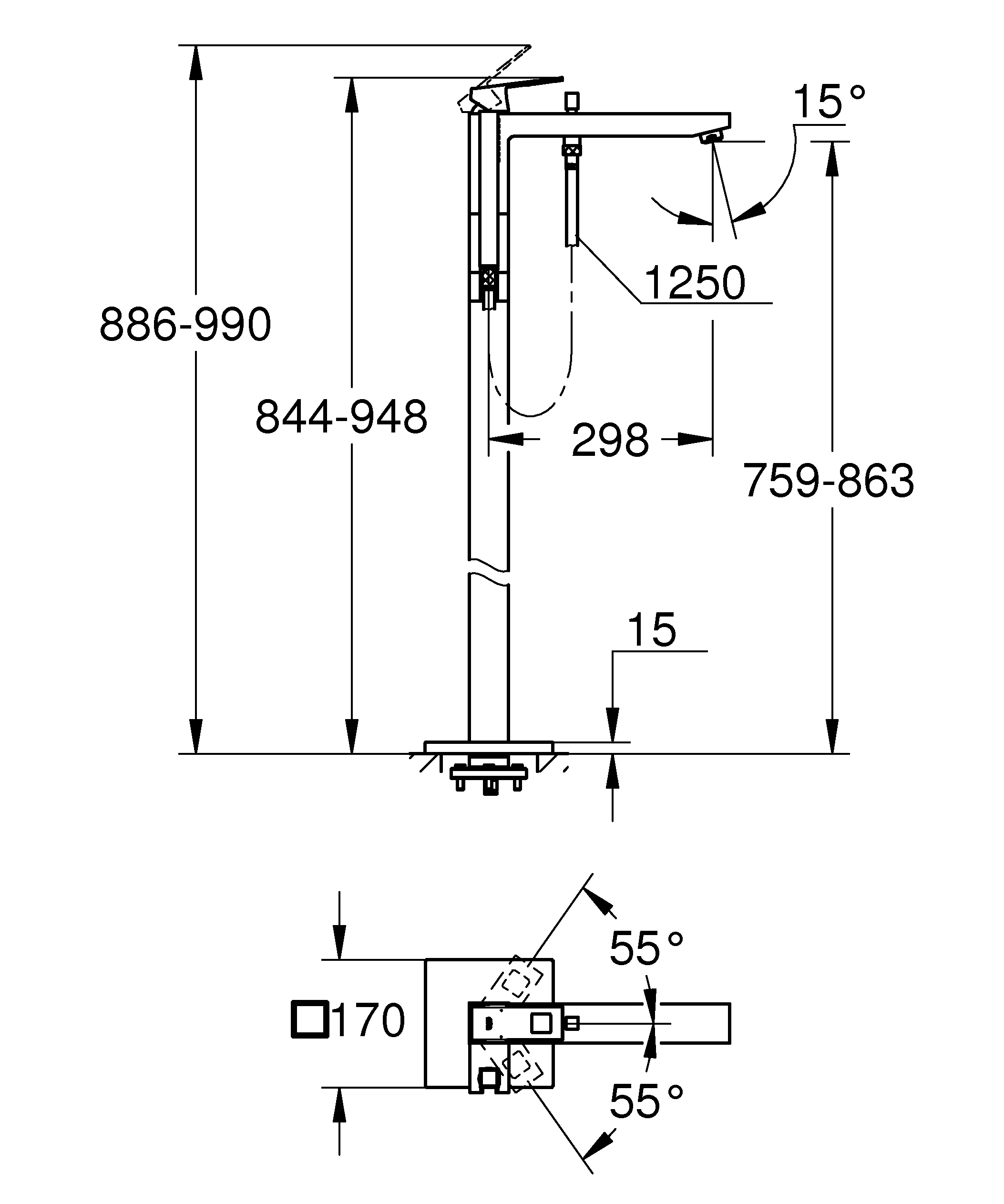 Einhand-Wannenbatterie Eurocube 23672_1, Bodenmontage, Fertigmontageset für 45984, mit Handbrause und Brauseschlauch, eigensicher, chrom