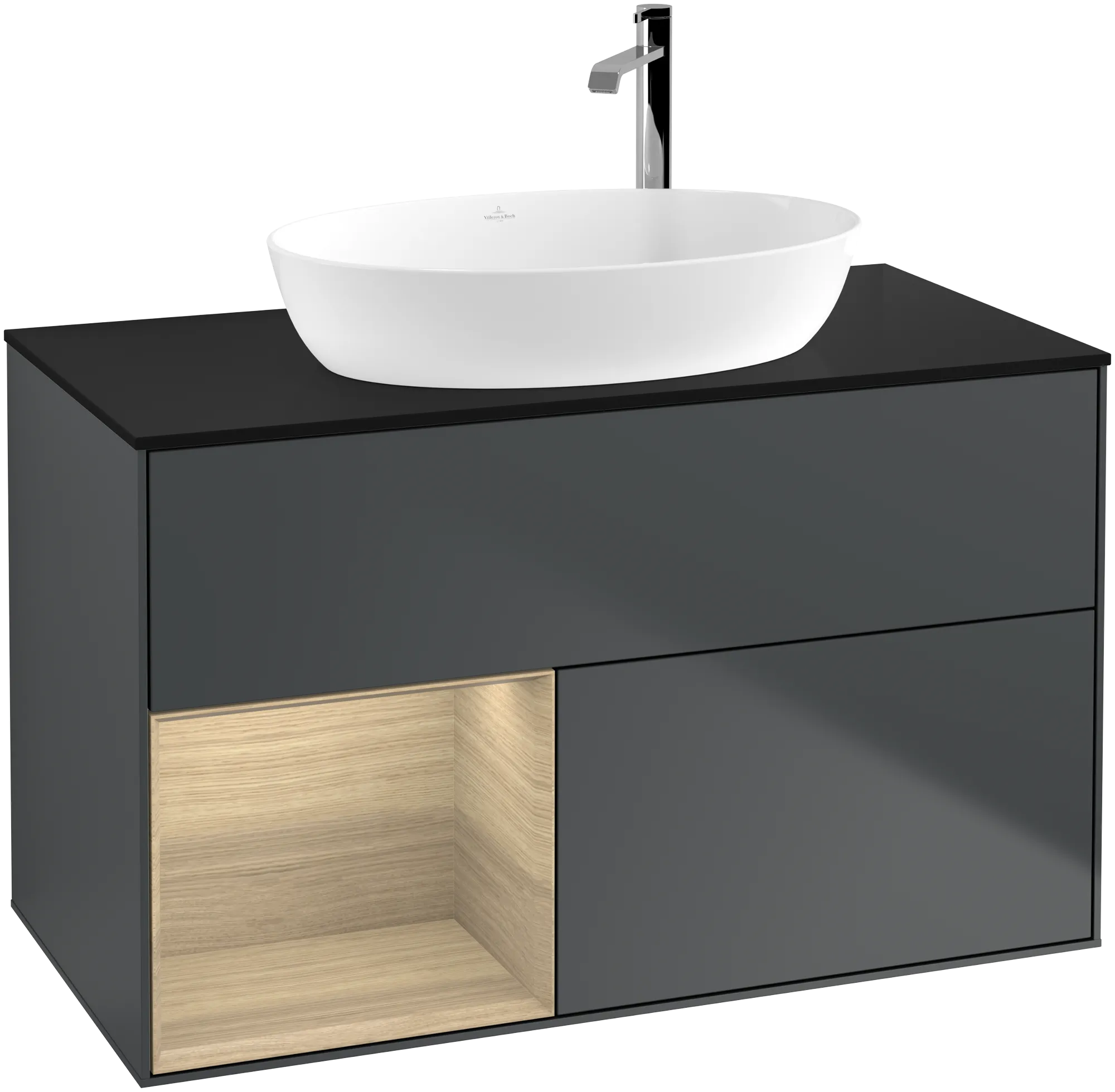 Villeroy & Boch Finion Waschbeckenunterschrank F89, 1000 x 603 x 501 mm, Midnight Blue Matt Lacquer / Oak Veneer / Glass Black Matt