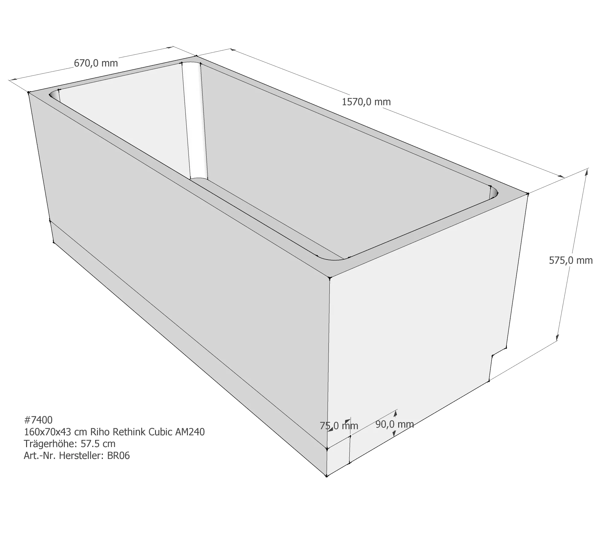 Badewannenträger für Riho Rethink Cubic 160 × 70 × 43 cm