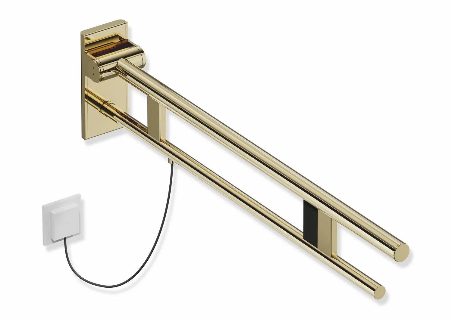 Stützklappgriff Duo, Design A des Systems 900, Edelstahl, PVD, Ausladung 900 mm, mit Spülauslösung (E-Ausführung), Ausführung rechts, in Farbe CK (Messing glänzend) Stützklappgriff Duo, Design A des Systems 900, Edelstahl, PVD, Ausladung 900 mm, mit Spülauslösung (E-Ausführung), Ausführung rechts, in Farbe CK (Messing glänzend)