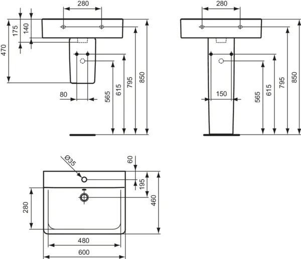 Ideal Standard Waschtisch Connect Cube, 1 Hahnloch, weiß, 600x460x175 mm