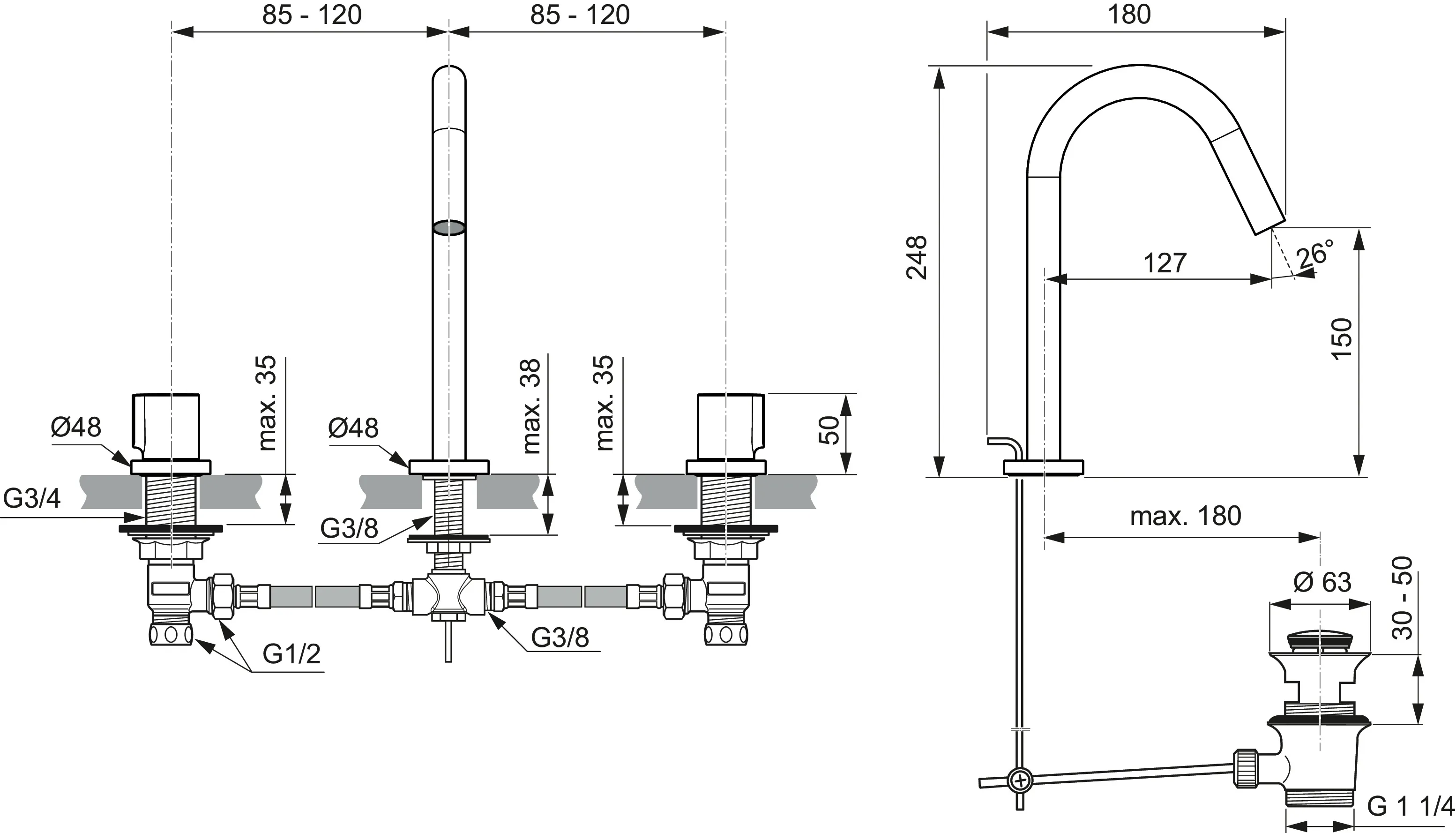 3-Loch Waschtischarmatur Joy, mit Ablaufgarnitur, Ausladung 127mm, Brushed Gold 3-Loch Waschtischarmatur Joy, mit Ablaufgarnitur, Ausladung 127mm, Brushed Gold