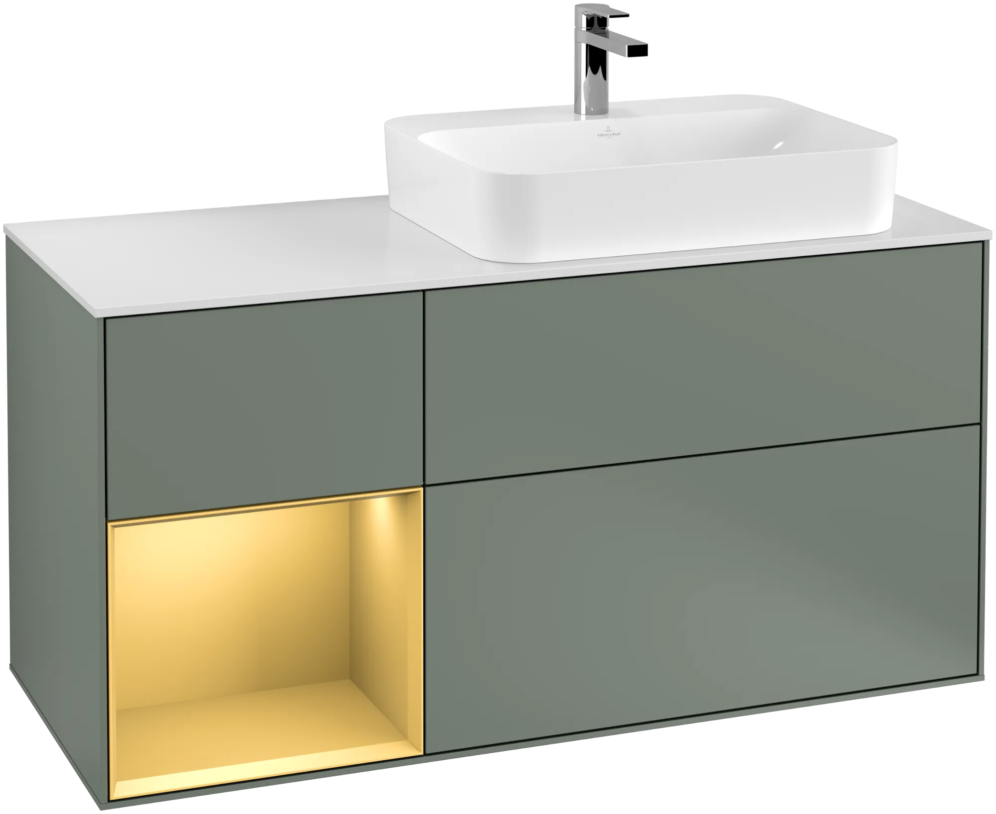 Villeroy & Boch Finion Waschbeckenunterschrank G39 1200x603x501mm Olive Matt Lacquer / Gold Matt Lacquer / Glass White Matt